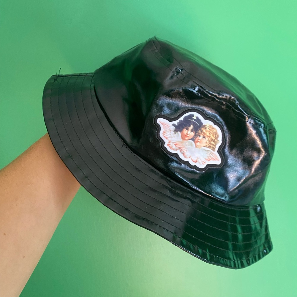 Fiorucci black PVC vinyl bucket hat with angles
